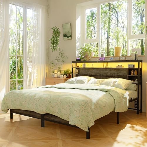 Unikito King Size Headboard with Storage, Headboards with Outlets and RGB LED Light, Sturdy Head Board for King Size Bed, Stable Only for Bedroom, Dorm Room, Guest Room, Black Oak