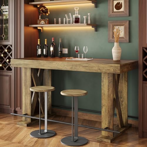 LITTLE TREE 63" Bar Table, Pub Table with Metal Footrest (Rustic Brown,2)