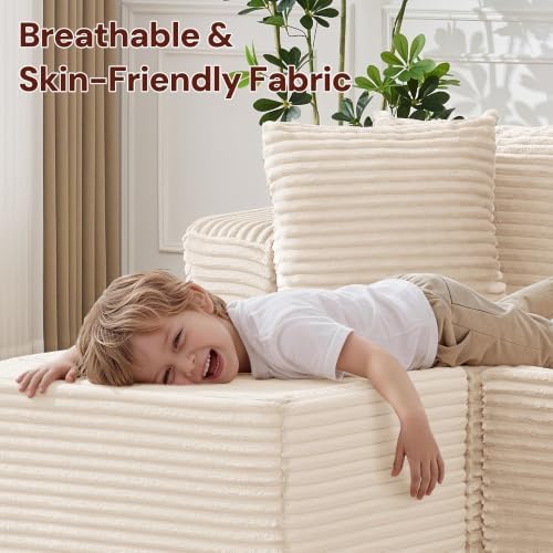 Korser Boneless Couches for Living Room, Cloud Couch Sectional with Ottoman, L-Shaped Sofa with Fluffy Comfy Corduroy Deep Seat, Bedroom, Apartment, No Assembly Required