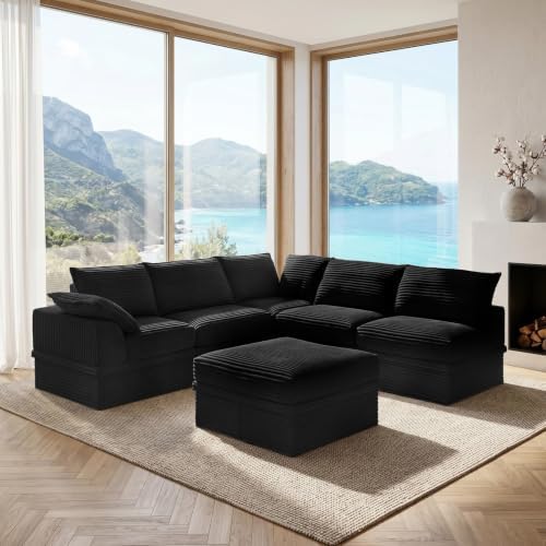 142" Oversized Modular Sectional Cloud Couches for Living Room, Corduroy 6-Seat Large Upgraded Boneless Couch with Ottoman Chaise, Deep Seat, U Shaped Memory Foam Sofa-in-a-Box, No Assembly, Black