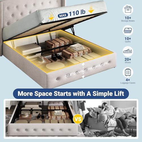 Allewie Full Size Lift Up Storage Button-Tufted Bed Frame Light Beige