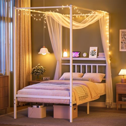 Twin Canopy Bed Frame with Storage Headboard Minimalist Style 4 Posters Bed