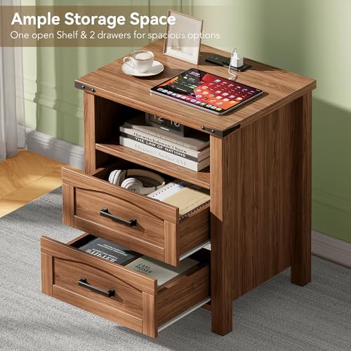 Decofy Farmhouse Nightstand Set of 2 with Charging Station, 2 Drawers