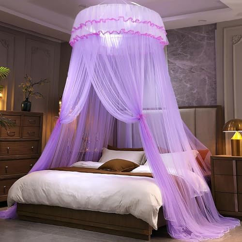 Kertnic Mosquito Net Bed Canopy for Girls, Princess Canopy Bed Curtain Fine Sheer Mesh Dome Bed Canopies, Girls & Adults Lace Tent for Twin Full Queen King Bed (Light Purple)