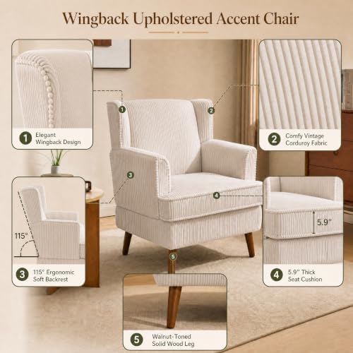 VINGLI 26" Wingback Accent Chair Set of 2, Corduroy Armchair for Apartment