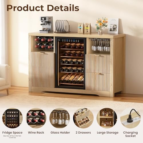 Coffee Bar Cabinet with Mini Fridge Space, 53"Wine Cabinets with Storage