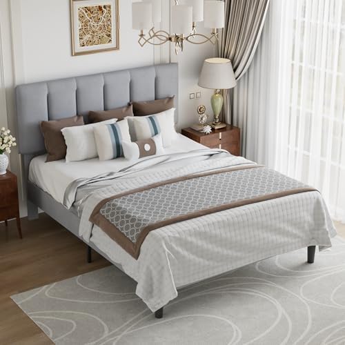 VECELO Queen Size Bed Frame with Upholstered Headboard, Light Grey