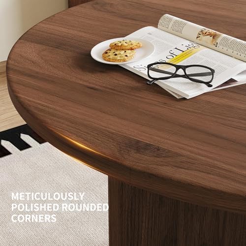 HIPIHOM Modern Round Dining Table Set for 4, 39.4" Walnut Kitchen Table with 4 PU Leather Chairs, 5-Piece Mid-Century Dining Room Set for Small Spaces, Pedestal Base