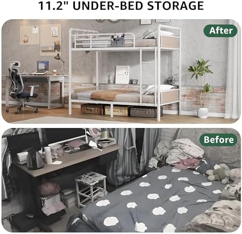 Jocoevol Metal Bunk Bed Twin Over Twin, Industrial Bunkbeds Heavy Duty Bed with Safety Guard Rails and Space-Saving Design, Steel Bed for School, Bedroom (White)
