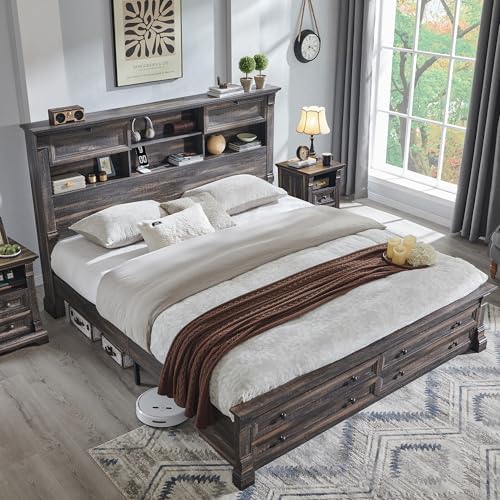 Queen Size Bed Frame with 54" Tall Headboard with 4 Storage Rack, 2 Drawers
