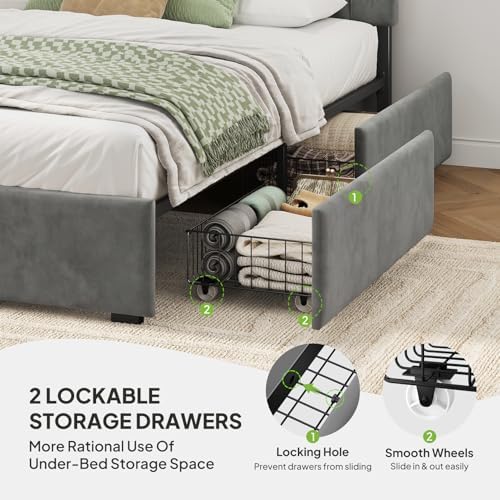 Welzona Queen Upholstered Bed Frame with Headboard & 2 Storage Drawer, Grey
