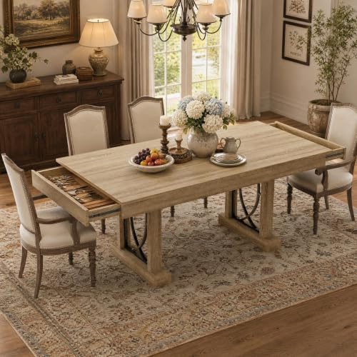 IDEALHOUSE Wooden Dining Table for 6-8 People with 2 Large Drawers,71 in ﻿