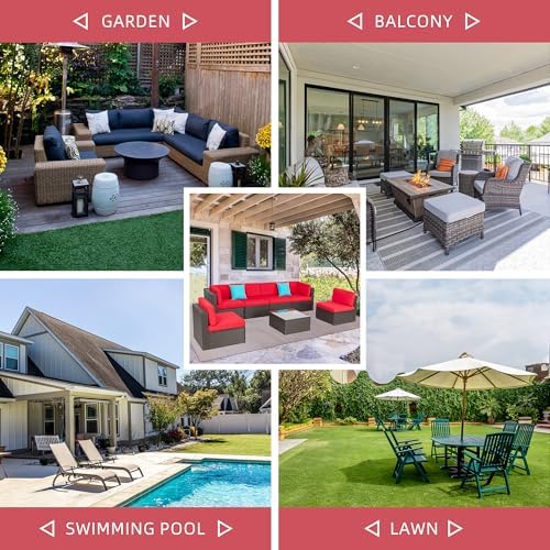 Shintenchi 7 Pieces Patio Furniture Sets Outdoor All-Weather Sectional Patio Sofa Set PE Rattan Manual Weaving Wicker Patio Conversation Set with Glass Table&Ottoman Cushion and Red Pillows, Red