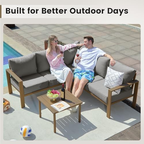 UDPATIO 6-Piece Faux Wood Metal Outdoor Sectional Sofa, 6" Thick Cushion