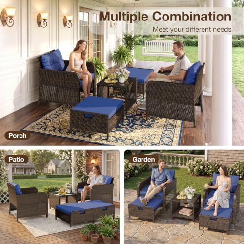 LHBcraft 5 Piece Patio Furniture Set, PE Wicker Outdoor Furniture Set with Soft Cushions & Coffee Table, Outdoor Lounge Chairs with Ottoman for Porch, Lawn, Balcony, Blue-Brown