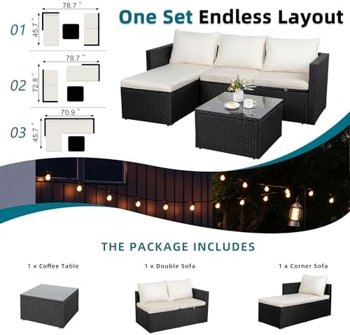 SUNLEI Patio Furniture Set with Detachable Soft Cushions, Outdoor PE Rattan Patio Conversation Sofa Set, 3-Piece Patio Sectional Sofa with Glass Coffee Table (Black Rattan&White)