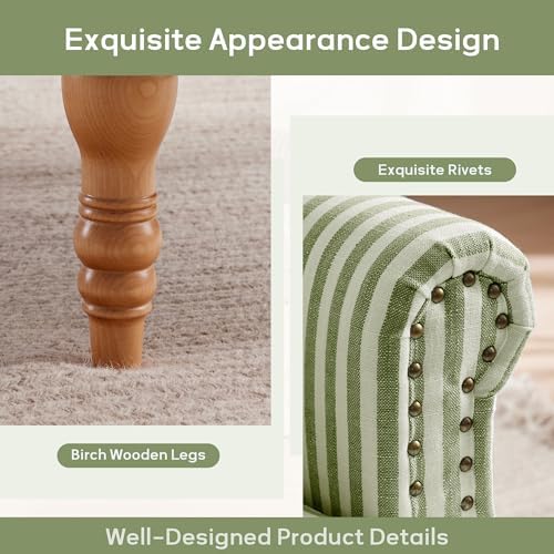 HUIMO Linen Fabric Accent Chair, Mid-Century Modern Upholstered Armchair with Solid Wood Legs, Comfy Reading Club Chair for Living Room Bedroom (2, Green and White Stripe)