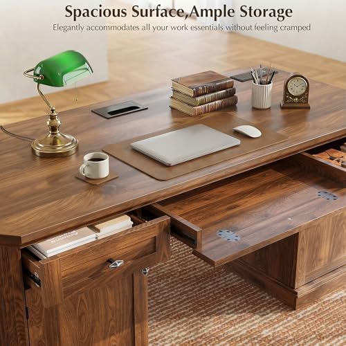 59" Classic Executive Desk with Storage, Victorian Executive Desk with Charging Station, Keyboard Tray, 3 Drawers & 2 Cabinet Storage & 2 Pedestals, Easy Assembly, Dark Walnut