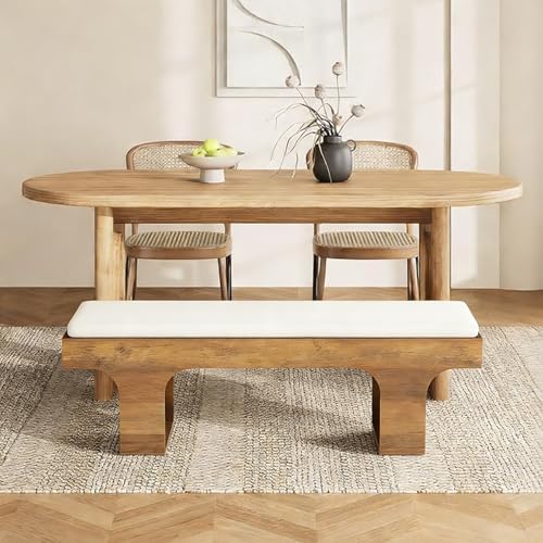 LITTLE TREE 55.2" Dining Bench with Linen Cushion, Farmhouse Entryway Bench