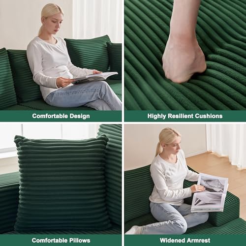 Mangodan 140” Cloud Sectional Couch, Boneless Sofa for Living Room, Modular Sectional Sofa with Deep Seat, Comfy Fluffy U-Shaped Couch with Right-Facing Chaise, No Assembly Required, Green