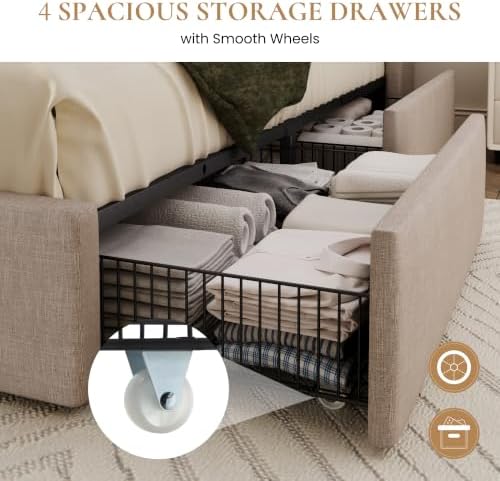SHA CERLIN Full Size Storage Bed Frame with 4 Oversized Drawers, Modern Wingback Headboard with Storage Shelf & Charging Station, No Box Spring Needed, Easy Assembly, Beige
