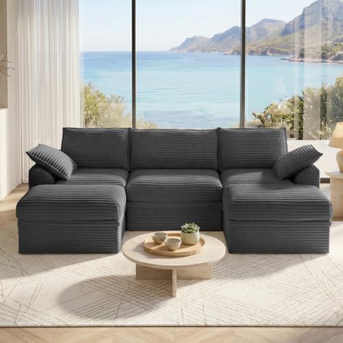 Modular Sectional Couch with Storage, Couches for Living Room, Corduroy 5-Seat U Shaped Upgraded Boneless Couch with 2 Ottomans, Throw Pillows, Cloud Memory Foam Sofa, Deep Seat,No Assembly,107"(Gray)