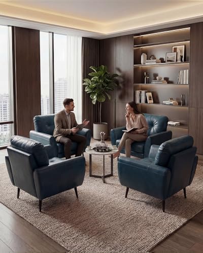Blue Faux Leather Accent Chairs Set of 2, Tufted Arm Chairs for Living Room