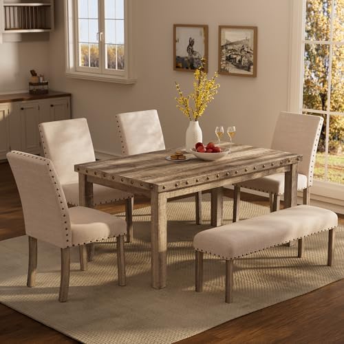 Modern Fort 5-Piece Farmhouse Dining Table Set for 4, 60" Rectangular Wood Dining Table with 4 Upholstered Chairs, Nailhead Trim, Kitchen Table with Chairs Set for Dining Room & Breakfast Nook