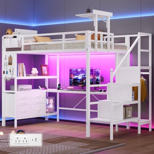 Dnxao Loft Bed Twin Size with 6 Storage Drawers and Foldable Table, White