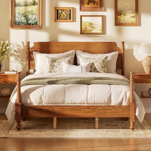 Vintage Wood Queen Bed Frame with Tall Headboard, Traditional Spindle 4-Poster Platform Bed, Light Walnut Antique Style, Under Bed Storage, No Box Spring Needed