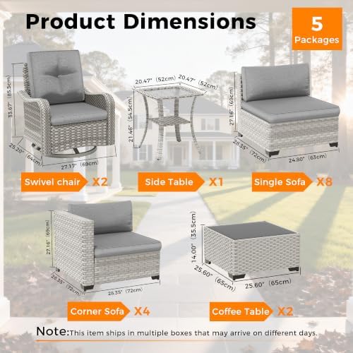 14-Seat Modern Patio Furniture Set with Swivel Rocking Chairs, Thick 4″ Cushions, Dual-Strand Wicker Rattan, Rust-Resistant Steel Frame – Outdoor Conversation & Modular Sectional,Gray