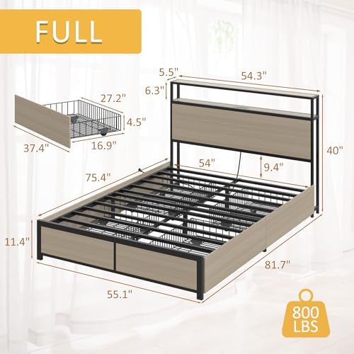 Lifezone Full Bed Frame with 2-Tier Storage Headboard, Metal Platform Bed Frame with 4 Storage Drawers, Built in Charging Station & LED, Noise-Free/Metal Support/No Box Spring Needed, Beige