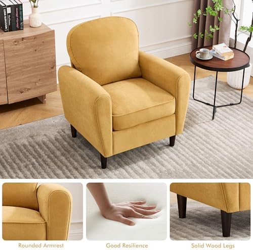 Accent Chair, Mid Century Modern Arm Chair with Thick Cushion and Back, Comfy Upholstered Reading Chair Single Sofa Chair for Living Room, Bedroom, Club, Yellow
