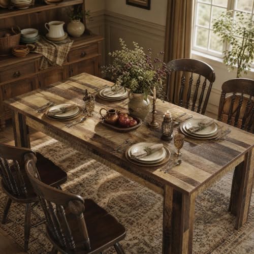 Garvee Wood Farmhouse Dining Table for 4-6, Heavy Duty Large Kitchen Table, 63 Inches Long Rectangular Dining Room Tables with Strong Legs, Thickness Tabletop, for Big Family, Dinette, Rustic Brown
