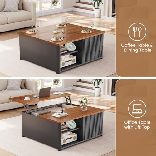 SEDETA 31.5" Lift Top Coffee Table with Storage, Square Coffee Tables for Living Room, Fluted Coffee Table with Large Hidden Storage Compartment and Adjustable Shelves, Fluted Black