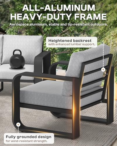 Oversized Aluminum Outdoor Furniture Set, Extra Large Patio Furniture Sofa Set 4.8” Widened Armrest & Ultra-Thick Cushions, 4 Pcs Modern Patio Sectional for Backyard, Porch, Gray