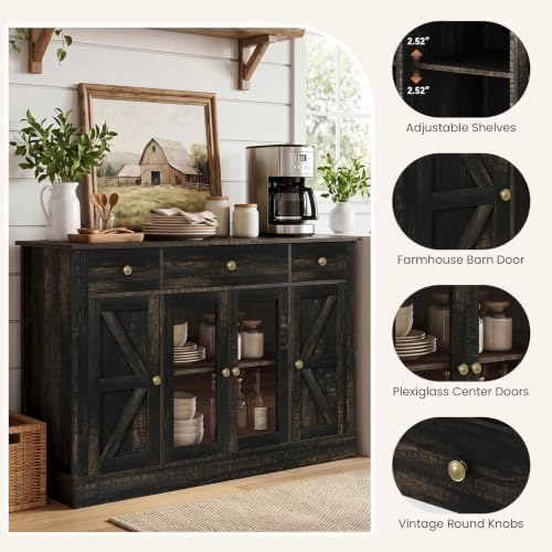 4 EVER WINNER 55" Large Coffee Bar Cabinet with 4 Doors and 3 Drawers, Buffet Cabinet with Plexiglass Doors, Kitchen Cabinet with Adjustable Shelves for Dining Room, Rustic Oak