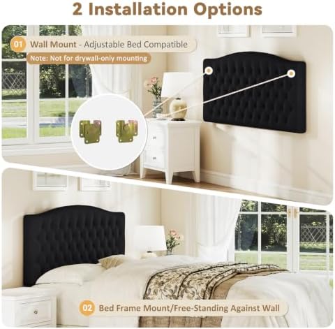 Befurtori Queen Headboard Only, Velvet Classic Tufted Design, Black