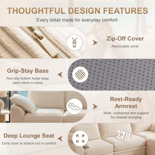 Modular Sectional Couch for Living Room, Corduroy 5-Seat U Shaped Upgraded Boneless Couch with Storage & 2 Ottomans, Throw Pillows, Memory Foam Sofa,Deep Seat,Compressed Box,No Assembly (107"-Beige)