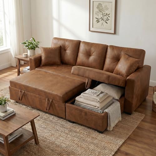 TYBOATLE Convertible Sofa Bed Couch with Reversible Storage Chaise, 71" L Shaped Pull Out Couch Bed, Comfy Linen Fabric Sleeper Sofa for Living Room, Apartment & Guest Room (Brown)