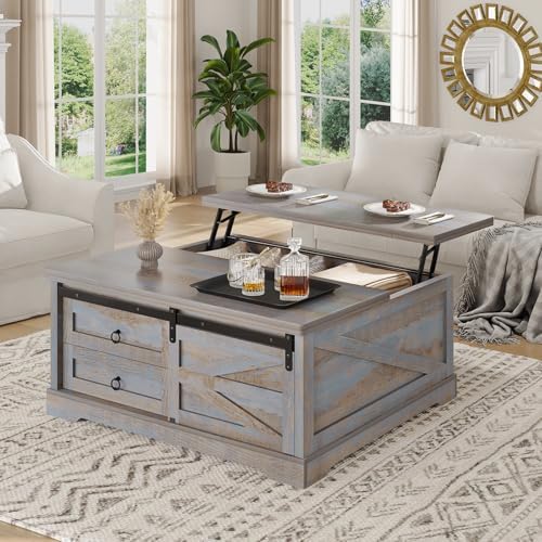Itaar 39.4'' Lift Top Coffee Table with Storage, Farmhouse Coffee Tables for Living Room, Square Coffee Table with Large Hodden Compartment & 2 Drawrs & Adjustables Shelves (Blue)