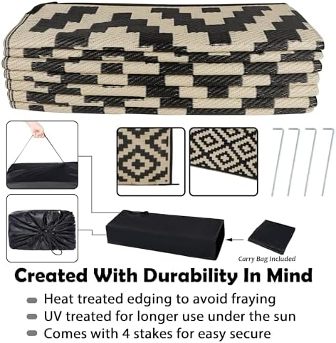 SAND MINE Reversible Mats, Plastic Straw Rug, Modern Area Rug, Large Floor Mat and Rug for Outdoors, RV, Patio, Backyard, Deck, Picnic, Beach, Trailer, Camping, Black & Beige, 10' x 14'
