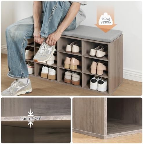 HOOBRO Shoe Storage Bench with Cushion, 39.4" L Entryway Bench with 12 Cubbies, Entryway Hall Tree with Storage, Shoe Cabinet with Coat Rack for Bedroom, Hallway, Holds up to 330 lb, Gray GY112HX01