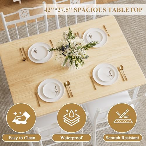 VECELO Dining Table Set for 4, 5-Piece Wood Kitchen Table with Upholstered Padded Chairs for Small Space, Breakfast Nook, Space-Saving, White
