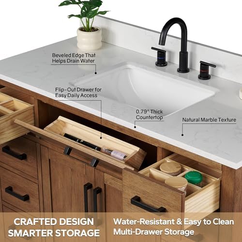 54-inch Dark Walnut Bathroom Vanity with 2 Sinks, Solid Wood, 0.79-inch Stone Countertop and Backsplash, 6 Drawers, 4 Soft Closing Doors