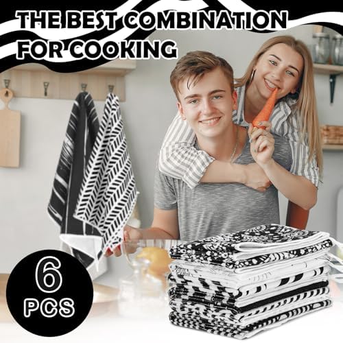 Redbaker 6 Pcs Black White Art Line Hand Towels Abstract Geometric Kitchen