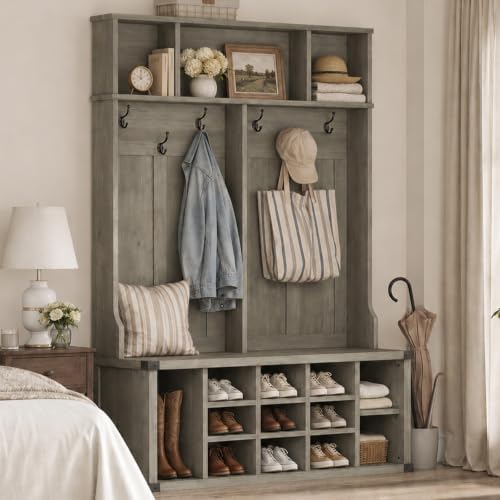 Garvee Farmhouse Entryway Hall Tree with Bench, Shoe Storage & Coat Rack