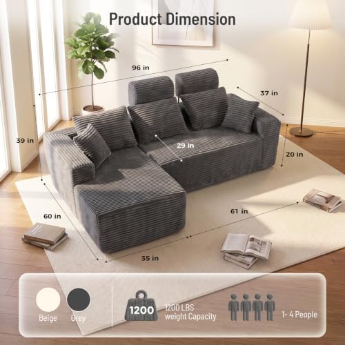 96" Boneless Couch, High Back Support L Shaped Oversized Living Room Sofa