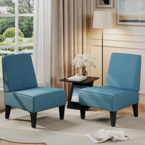 Armless Accent Chairs Set of 2, Blue Upholstered Linen Slipper Chair with Solid Wood Legs, Mid Century Modern Side Chairs for Small Living Room Bedroom Apartment Reading Nook