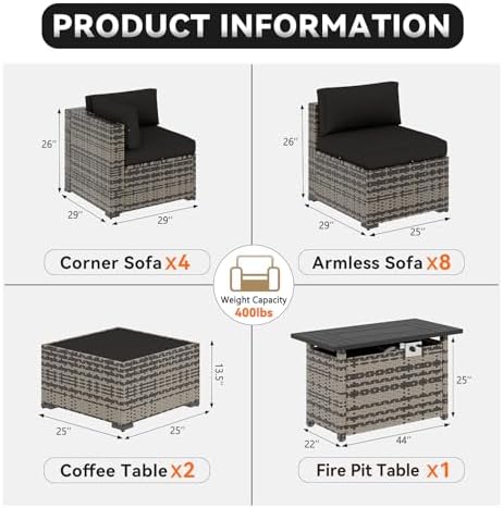 Aoxun Patio Furniture Sets, 15-Piece Outdoor Patio Furniture with 44'' Propane Gas Firepit Table, Wicker Outdoor Conversation Set Sectional Sofa for Backyard, Poolside